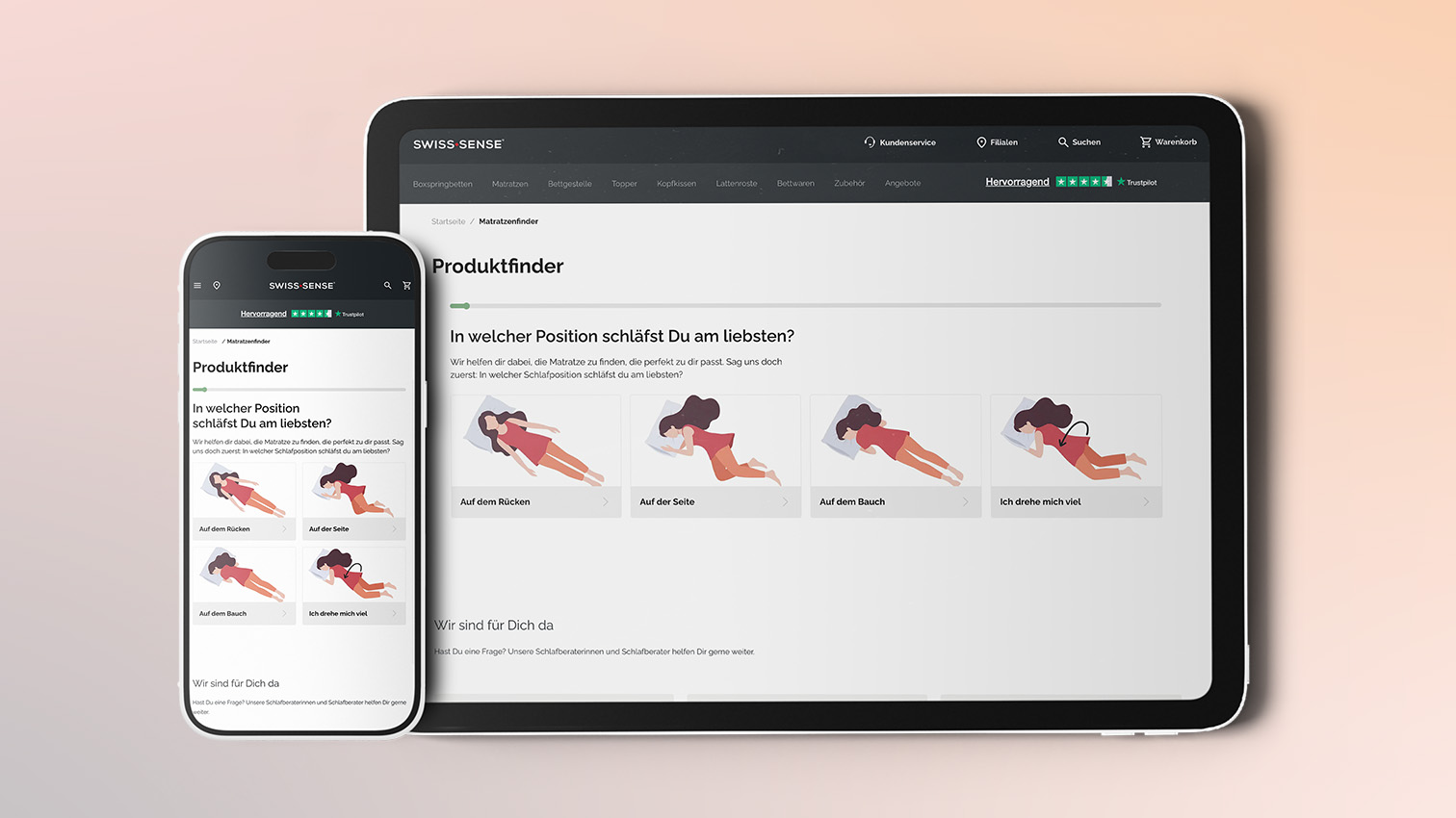 Handy und Tablet Ansicht des Produktfinders mit Fragen und Antworten zur Schlafposition.